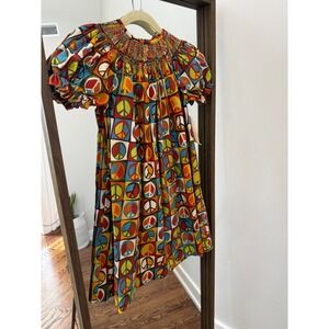 Amanda Remembered Girls 4T Smocked Peace Sign Dress Retro Geometric Multicolor